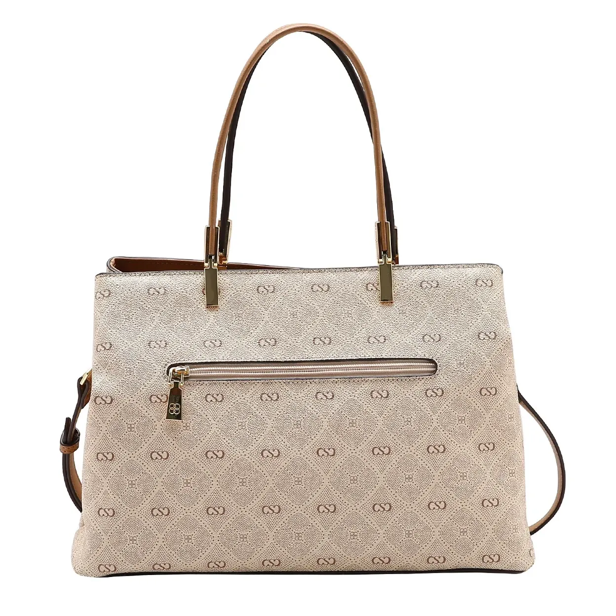 Bolsa tote Chenson bege vista traseira com bolso externo e detalhes dourados